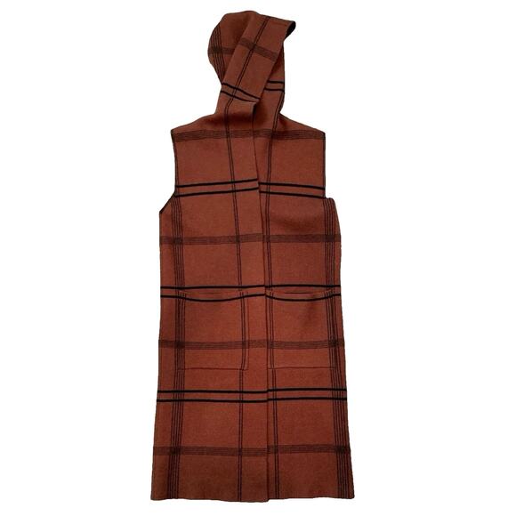 JADE Plaid Orange Brown Long Vest Button Down Vest Hoodie Women's Small /Medium - Picture 2 of 8